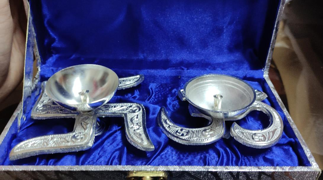 Silver Om and Swastik Diya (Size: 4 inch diya)